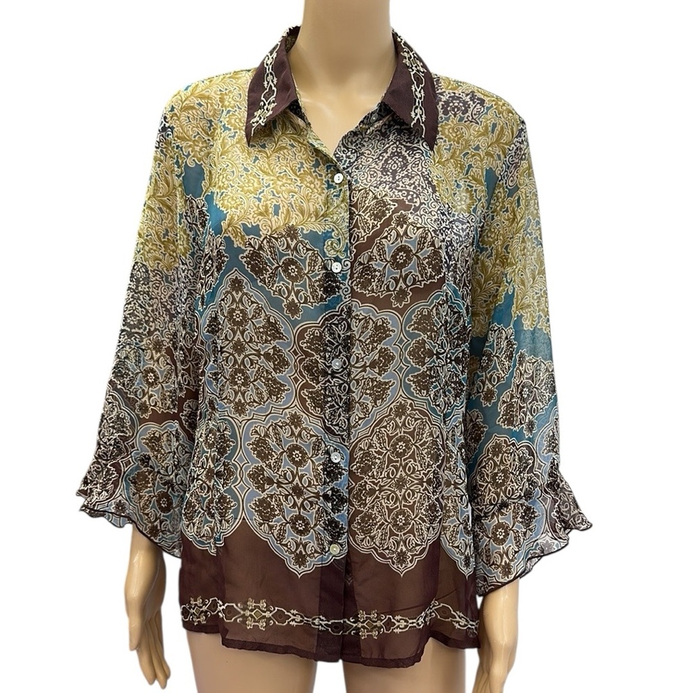 Nicola Vintage Semi Sheer Button Up 3 Quarter Sleeve Collared Print Blouse XL